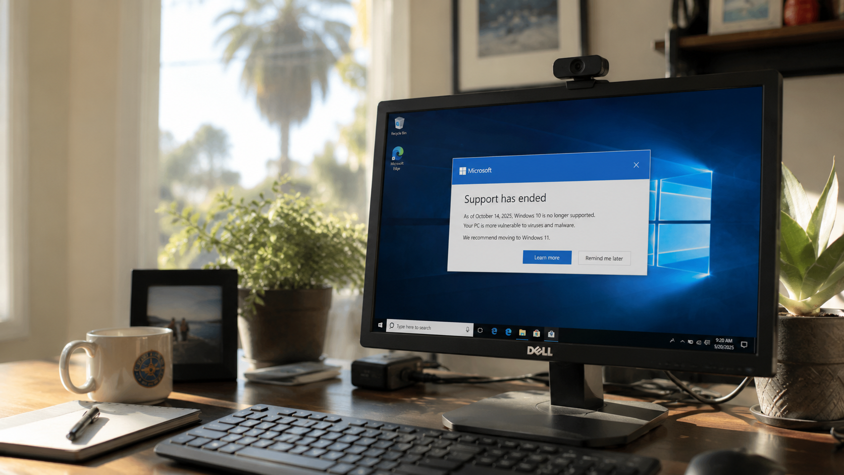 Windows 10 desktop showing a Microsoft 'Support has ended' notification on a home office monitor
